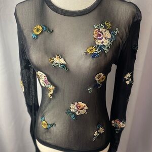 VIVIENNE TAM Black Sheer Top with Floral Embroidery